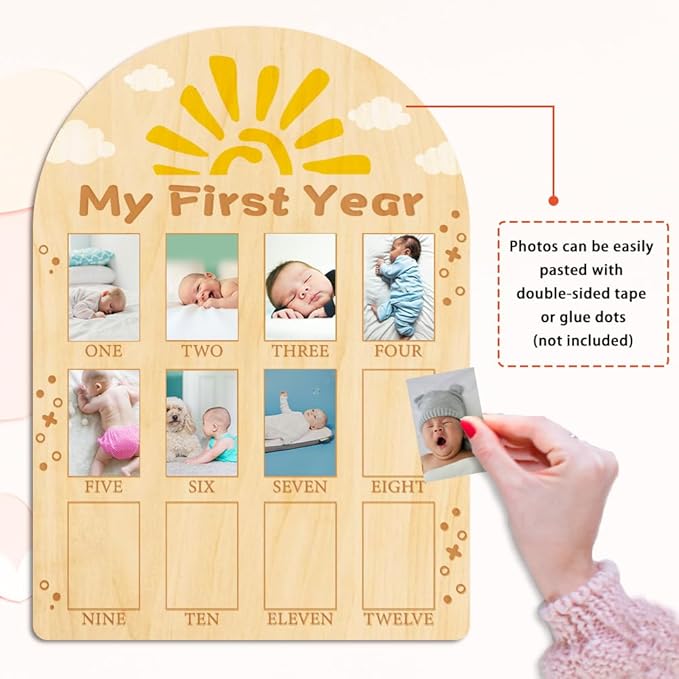 ORIGACH My First Year Baby Growth Photo Display Wood Board - 12 Months Newborn Milestones Photo Board - Neutral Baby Keepsake Frame 1st Birthday Party Nursery Decor New Mom Gift - Sun & Cloud