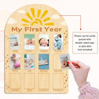 ORIGACH My First Year Baby Growth Photo Display Wood Board - 12 Months Newborn Milestones Photo Board - Neutral Baby Keepsake Frame 1st Birthday Party Nursery Decor New Mom Gift - Sun & Cloud