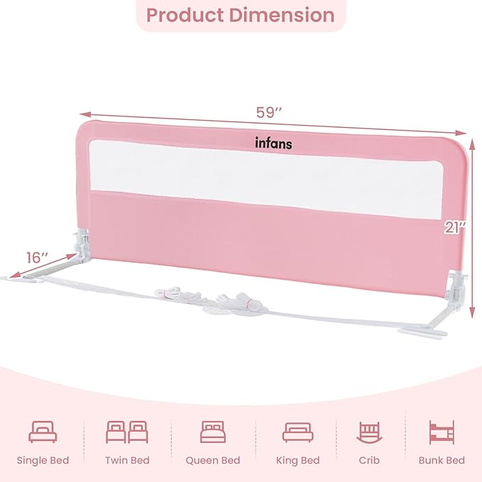 INFANS Bed Rail for Toddlers, 59" Foldable Safety Baby Crib Rail Fit for Kids Twin, Extra Long Swing Down Bed Guardrail for Convertible Crib, Queen, Full, King Mattress Side Guard (Pink)