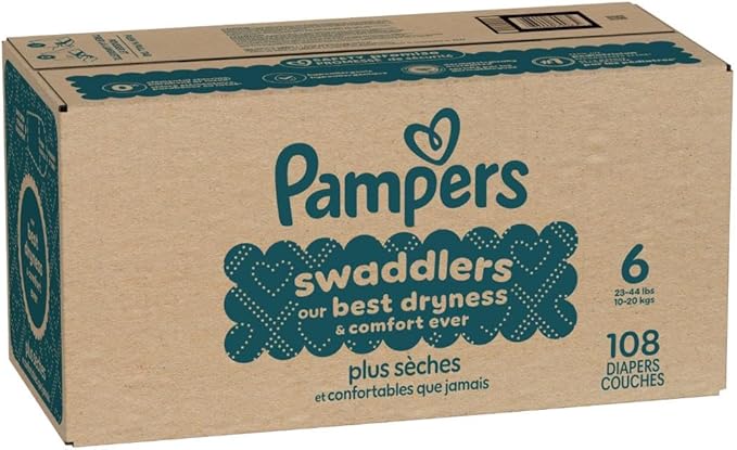 Pampers Swaddlers Diapers, Size 6 (23-44 lbs), 108 Count, Absorbent, Keeps Baby Dry and Comfortable, Skin Safe Disposable Baby Diaper (Packaging May Vary)