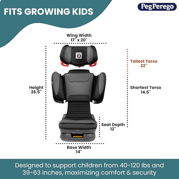 Peg Perego Viaggio Flex 120 Booster, 4D Total Adjust for Safety & Comfort, No Armrests, Compact Fold for Travel, 40-120 lbs, Made in Italy, Crystal Black (Black)