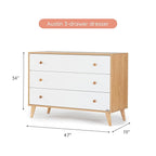dadada Austin 3-Drawer Dresser for Nursery and Bedroom - Modern Design, Large Storage, Baby-Safe Finish, Soft Close Drawers, Anti-Tip Safety, Solid Wood Feet, Durable Construction (White+Red Oak)