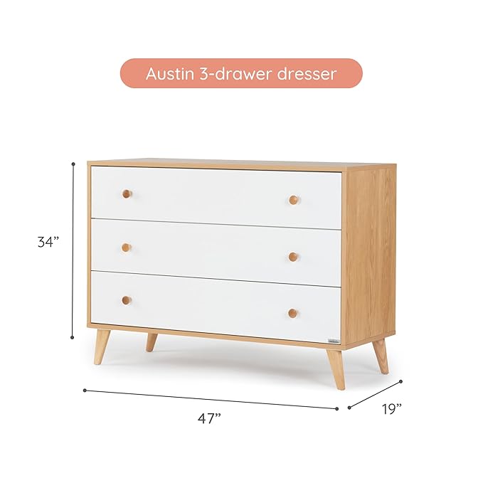 dadada Austin 3-Drawer Dresser for Nursery and Bedroom - Modern Design, Large Storage, Baby-Safe Finish, Soft Close Drawers, Anti-Tip Safety, Solid Wood Feet, Durable Construction (White+Red Oak)