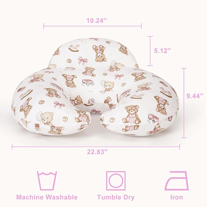 Nursing Pillow, Breastfeeding Pillows, with Removable Pillow Cover, Machine Washable, Machine Washable, Pink Bears