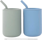 WeeSprout Silicone Baby Cups With Straws and Lids, 4 & 8 oz Options, Set of 2, Food Grade Toddler Training Container, Built In Straw Stoppers, Measurement Markings, Dishwasher Safe + Straw Cleaner
