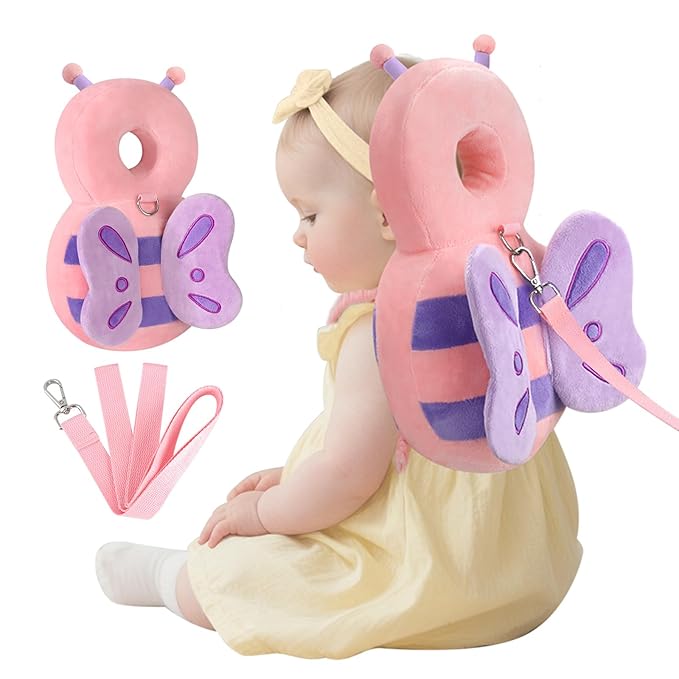 Baby Head Protection Backpack with Leash, Anti Lost Toddler Protector Padded Pillow Carrier for Crawling Walking, Cute Butterfly Kid Harness Strap Infant Cushion Pad for 6-18 Months Boys Girls (Pink)