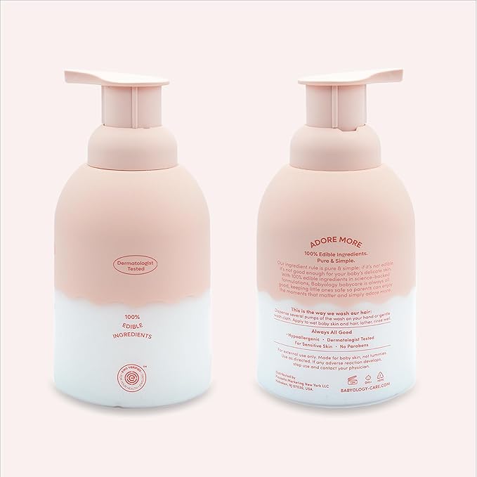 Babyology All Natural Baby Wash and Shampoo - 100% Edible Ingredients - with Organic Rose Water (Unscented) - 13,52 FL OZ - Good for Sensitive Skin - Non Toxic - Tear Free (Scents & Packs Vary)