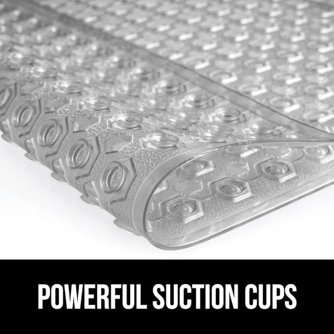 GORILLA GRIP Patented Bath Tub Shower Mat, Machine Washable Bathtub Floor Liner Mats, Suction Cups and Drain Holes to Keep Tubs Clean, Soft on Feet, Bathroom Essentials, 35x16 Inch, Clear Gray