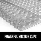 GORILLA GRIP Patented Bath Tub Shower Mat, Machine Washable Bathtub Floor Liner Mats, Suction Cups and Drain Holes to Keep Tubs Clean, Soft on Feet, Bathroom Essentials, 35x16 Inch, Clear Gray