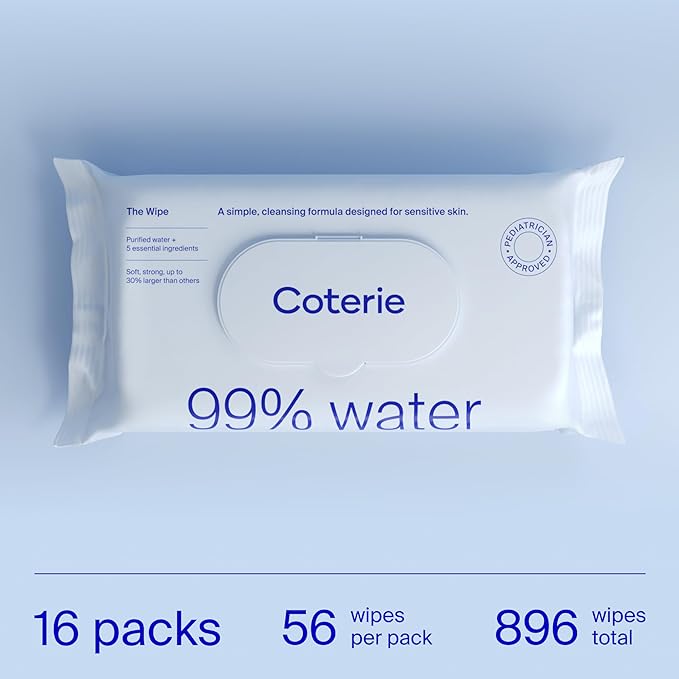 Coterie Baby Wipes for Sensitive Skin, Plant-Based and Plastic-Free Fibers, 99% Water, Hypoallergenic, pH Balanced, Unscented, Clean and Gentle Baby Essentials, 16 Pack, 896 Count