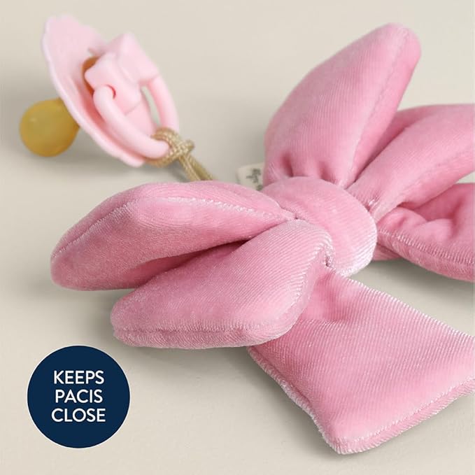 Itzy Ritzy Pacifier & Lovey Set - Natural Rubber Paci with Stuffed Animal Lovey - Detachable Velour Bow Pacifier Holder & Coordinating Natural Rubber Soother, Ideal for Ages 0-6 Months (Bow)