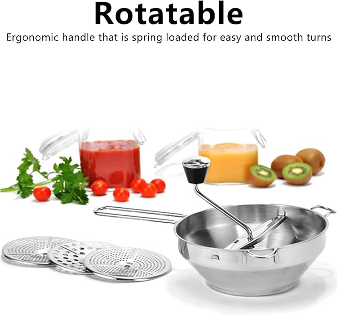Stainless Steel Food Mill With 3 Milling Discs - Rotary Food Mill for Tomato Sauce, Applesauce, Puree, Mashed Potatoes, Jams, Baby Food