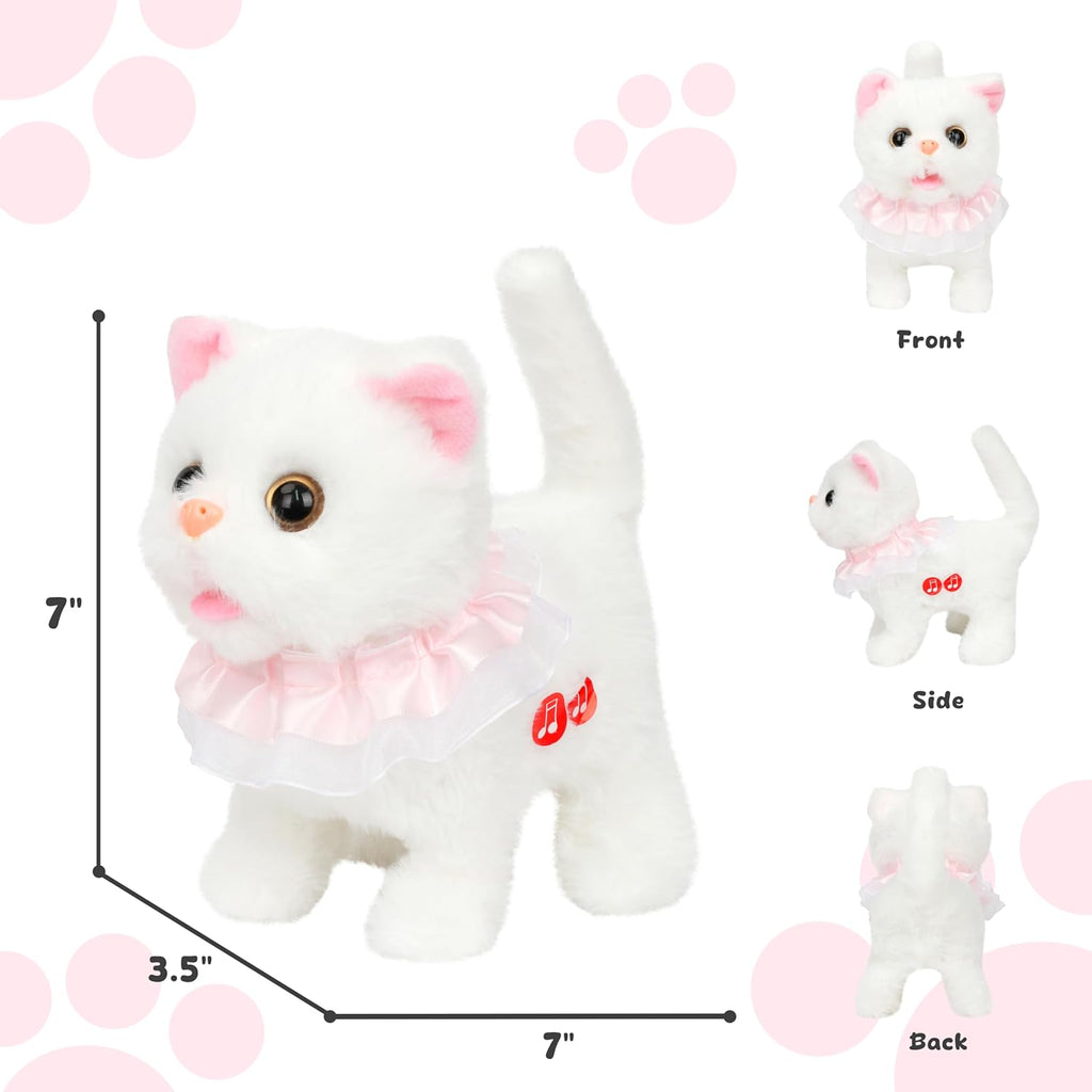 Easfan 7" Walking Plush Kitty Toy Stuffed Animal Electric Interactive with Dress Talking Musical Cute Plush Toy White Cat Tail Wagging Christmas Birthday Gifts for Kids Toddlers