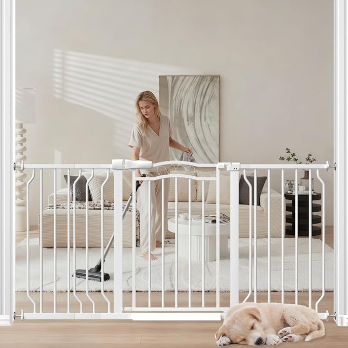 Extra Wide Baby Gate for Doorways 53.1"-62.6", Pressure Mounted Dog Gates With Door, Child Safety Barrier Walk Thru Indoor, Large Babygate Long for Kids Toddler Pet Outside, 30 In Tall White