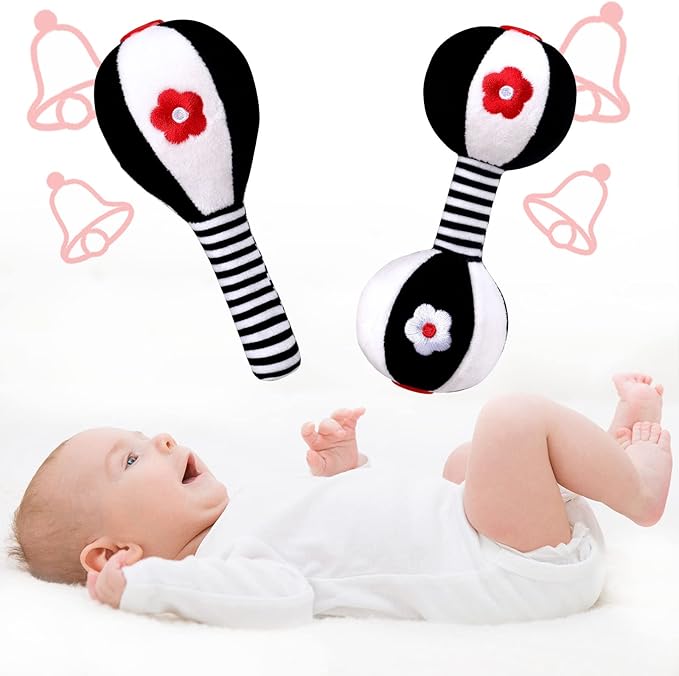 XIXILAND Baby Rattles 0-6 Months Newborn Toys Infant Toys 0-6 Months Rattles for Babies 0-6 Months Baby Toys 0-6 Months, Black and White High Contrast Baby Toys Dumbbell Toy for 0 3 6 9 12 Months