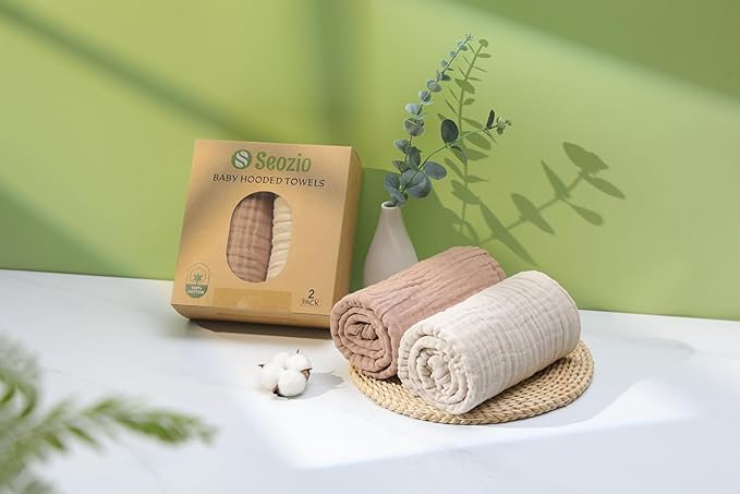 Muslin Hooded Baby Towels, 2 Pack 100% Cotton 32x32Inch Baby Bath Towel with Hood for Babies, Infant, Toddler, Soft and Absorbent Newborn Essential. (Light Bean Paste)
