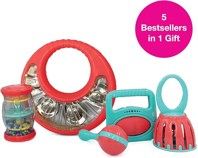 Edushape Festival Music Gift Set - Baby Musical Instruments Include Mini Rain Stick, Crackle & Roll, Bell, Tambourine, Maracas - Interactive Baby Musical Toys for Kids and Toddlers 18 Months and Up