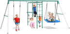 Hapfan Swing Sets for Backyard with Monkey Bars, Belt Swing, Platform Swing, Climbing Net, Trapeze Bar, Outdoor Playset for Kids
