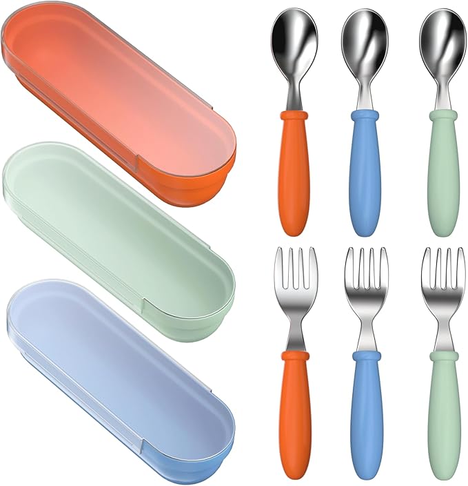 Toddler Utensils, Toddler Forks and Spoons, Baby Stainless Steel Silverware Set with Storage Box for Self Feeding Safe, Dishwasher Safe (3 Set with Case)