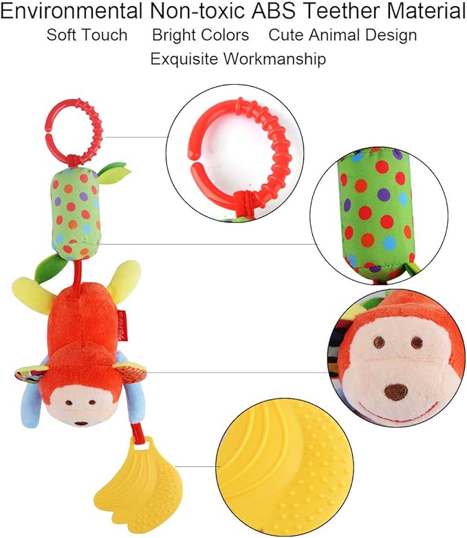 Toys for 0 3 6 9 to 12 Months, Soft Hanging Crinkle Squeaky Sensory Learning Toy Infant Newborn Stroller Car Seat Crib Travel Activity Plush Animal Wind Chime with Teether for Boys Girls