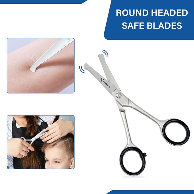 Ruvanti 5.2" Kids Hair Cutting Scissors - Safety Rounded Tip Barber Shears for Children, Infants & Facial Hair Trimming - Sharp Stainless Steel Blades, Ergonomic Grip - Ideal for Home & Salon Use