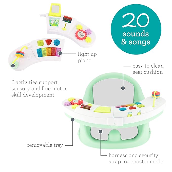 Infantino Music & Lights 3-in-1 Discovery Seat and Booster - Convertible Booster, Infant Activity Seat and Feeding Seat with Electronic Piano for Sensory Exploration, for Babies and Toddlers, Mint