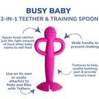 Busy Baby Teething Spoon - 2-in-1 Teether and Training Spoon for Self Feeding, Dishwasher Safe, BPA Free, Food Grade Silicone (Pink)