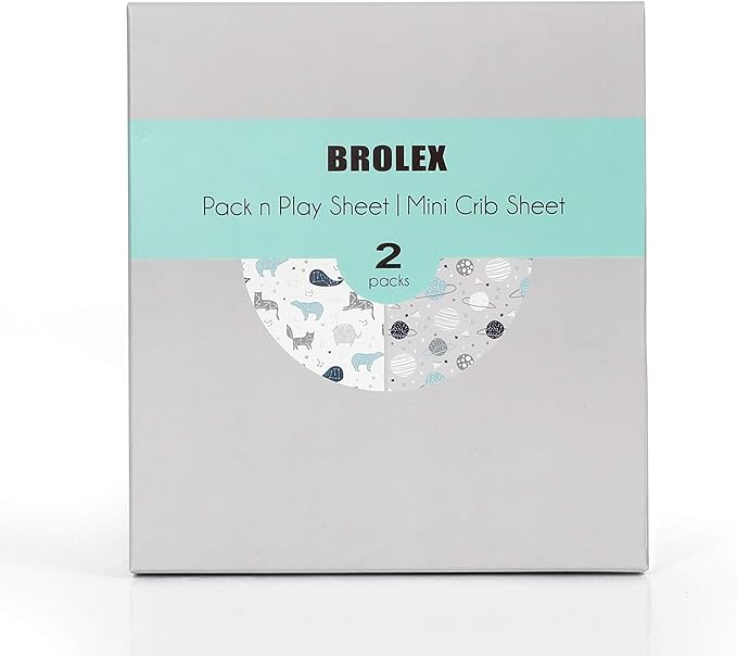 Pack n Play Stretchy Fitted Playard Sheet Set BROLEX 2 Pack Portable Mini Crib Sheets,Convertible Playard Mattress Cover,Ultra Soft Material，Space Planet