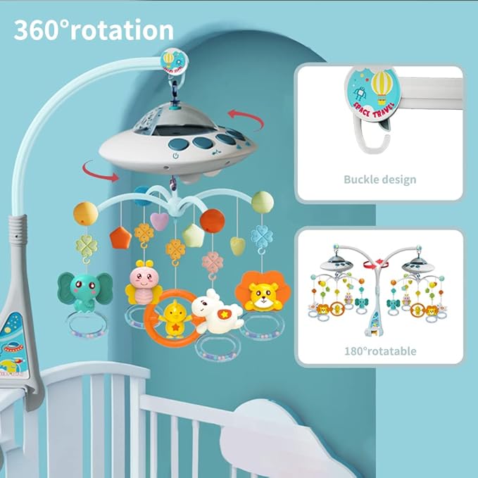 Baby Musical Crib Mobile with Night Lights and Relaxing Music,Hanging Rotating Animals Rattles,Stars Projection,Remote Control,for Boy Girl Newborn Baby Toys（Blue）