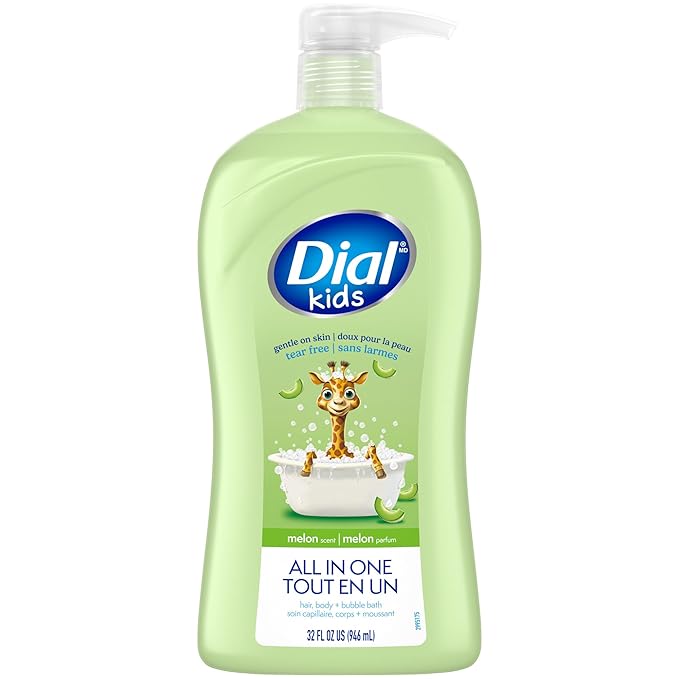 Dial Kids All-in-1 Body Wash + Hair + Bubble Bath, Melon Scent, 32 Fl Oz, Hypoallergenic Body Wash & Shampoo, No Tears Formula for Kids 2+ Years, No Parabens & Silicones