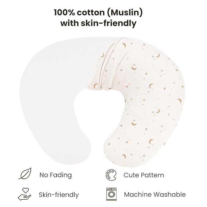 Konssy 2-Pack Muslin Nursing Pillow Covers, Soft & Adorable Nursing Covers for Breastfeeding Pillows, Slipcovers for Newborn Boys & Girls(Coffee Check,Moon)