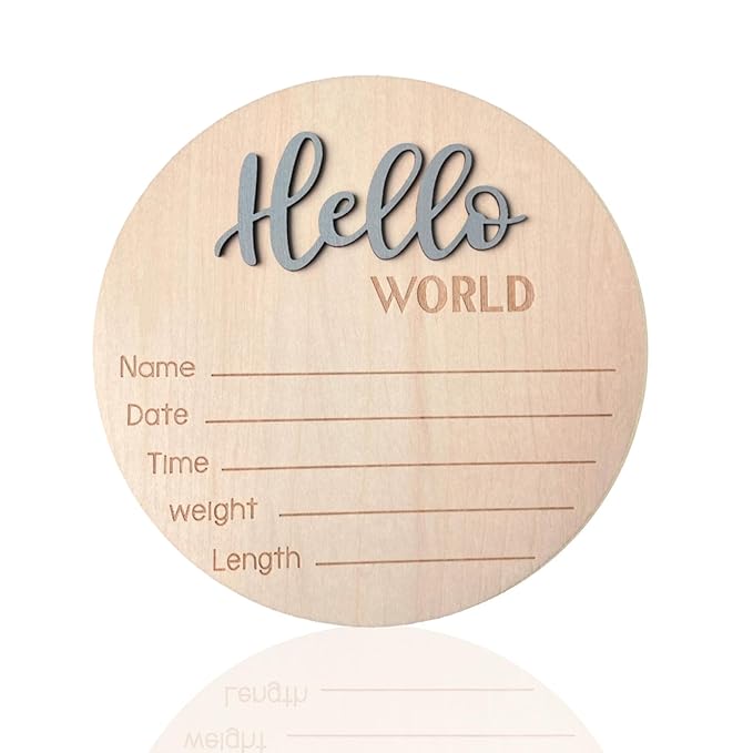 Baby Announcement Sign, 5.9 Inch Wooden Hello World Newborn Signs, Birth Announcement Sign, Baby Shower Hospital Nursery for Newborn Boys and Girls (Gray)