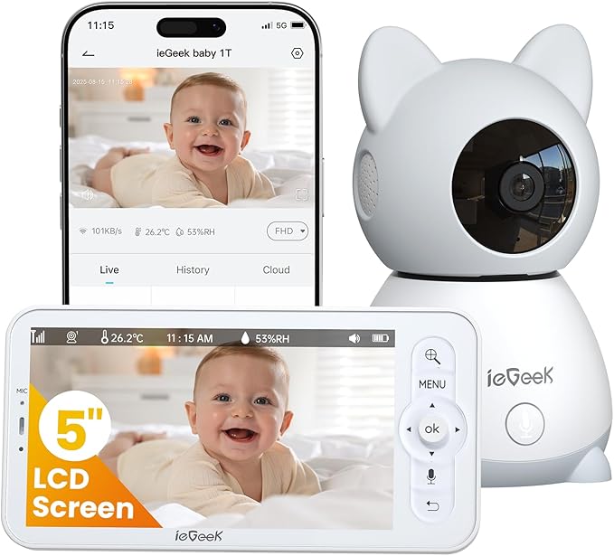 ieGeek Baby Monitor with 5" HD Screen, 2K Camera & Night Vision – WiFi/No-WiFi Dual Mode, PTZ, Cry/Motion Detection, 2-Way Audio, Temp/Humidity Sensor, Auto Tracking, Secure App & Remote Contro