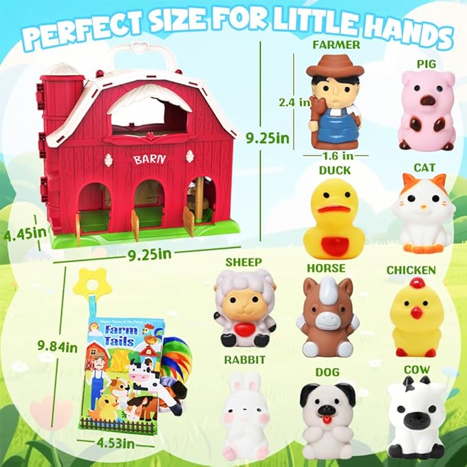 Musical Red Barn Farm Animal Toys with Tails Baby Book, Educational Preschool Farm Animals Finger Puppet for Toddlers 1-3, Montessori Learning Toys Christmas Birthday Gift for Boys Girls 12-18 Months