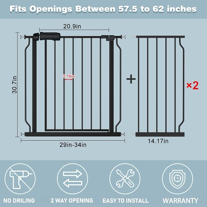 Extra Wide Baby Gate 57.5-62 Inch Black Walk THR Dog Gates Doorways House No Drill Pressure Mounted Auto Close Long Child Safety Gate for Kids and Pet