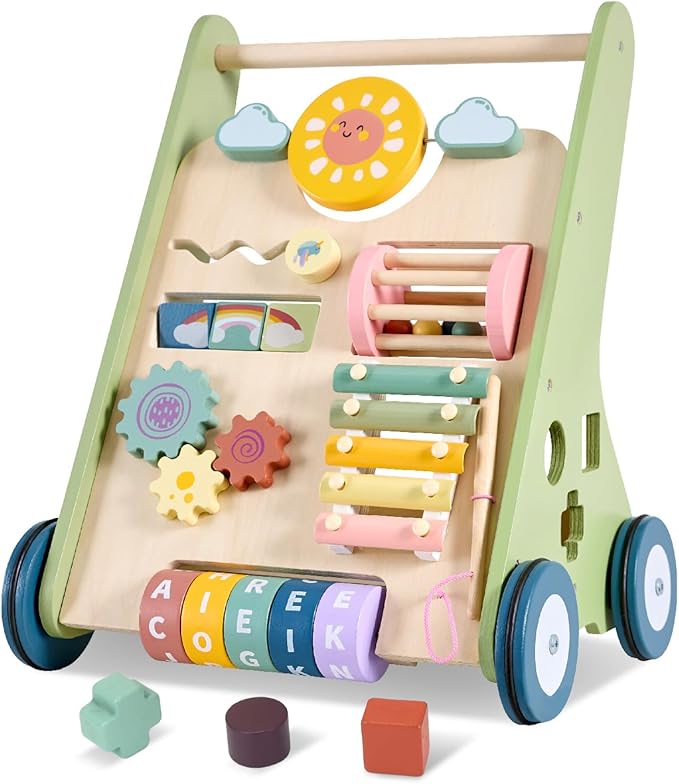 Baby Push Walker, Wooden Baby Walker with Wheels, Montessori Push Walker for Babies 6-12 Months, Push Walking Toys for Boys&Girls 1 Year Old, Gifts for Toddler