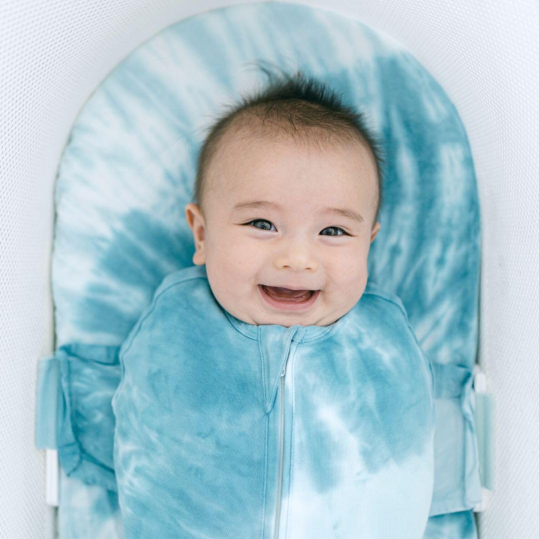 Happiest Baby SNOO Sleep Sack - 100% Organic Cotton Baby Swaddle Blanket - Doctor Designed Promotes Healthy Hip Development (Tie Dye Blue, Medium)