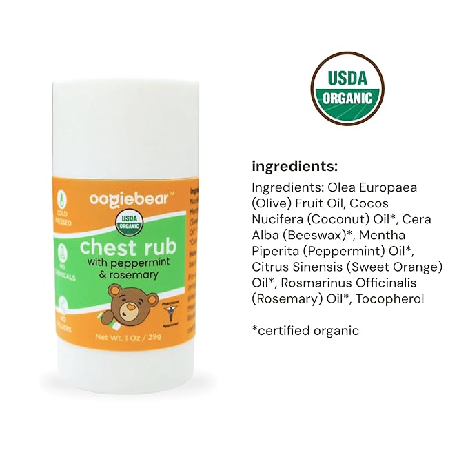 oogiebear Kids Chest Rub, USDA Organic Soothing Peppermint & Rosemary for Breathing Relief and Comfort, Petroleum Free, 30+ Months, 1.0 Oz Balm