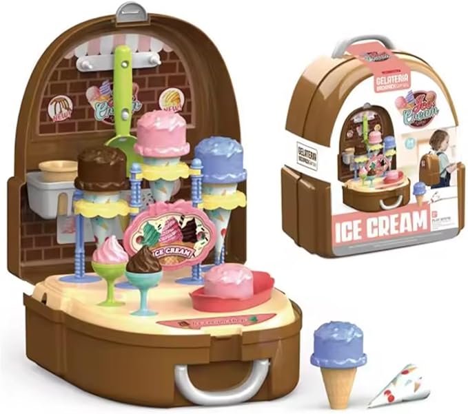 Kids 34-Piece Ice Cream Pretend Playset – Scoop & Serve Dessert Shop Toy with Play Food Accessories, Portable Backpack Storage for Boys & Girls Ages 3+ (Ice Cream)