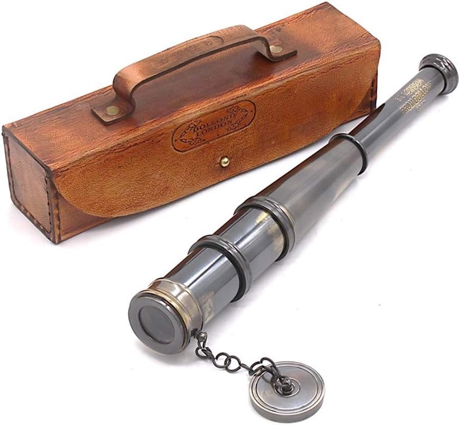 RII Antique Decor Spyglass, Pirate Telescope with Leather Case, Handheld Telescope for Adventure Enthusiasts, Monocular Nautical Decor for Gifting, Travellers, Dolland London, 12"