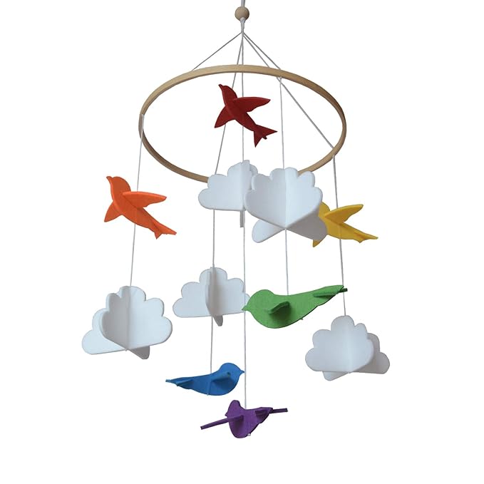 Baby Crib Mobile – Wooden Hanging Nursery Mobile for Bassinet, Baby Nursery Decor for Boys & Girls, Perfect for Shower Gift (Rainbow Birds in The Clouds, w/Garland) Sorrel + Fern