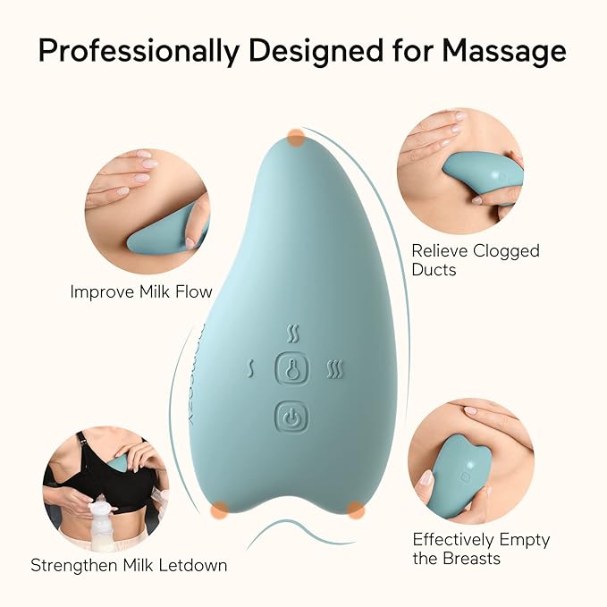 Momcozy Warming Lactation Massager 2-in-1, Soft Breast Massager for Breastfeeding, Heat + Vibration Adjustable for Clogged Ducts, Improve Milk Flow, Blue-Green