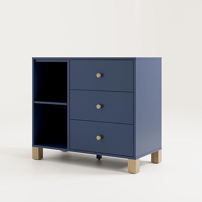 Storkcraft California 3 Drawer Combo Dresser (Midnight Blue with Driftwood) – GREENGUARD Gold Certified, Interlocking Drawer System, Pre-Installed Drawer Tracks for Easier Assembly, Spacious Cabinet