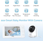 acer Smart Baby Monitor 5” No WiFi Baby Monitor with 1080P Camera and Audio for Crib 1000ft Range Remote Pan Tilt Night Vision, Temperature Sensor, 8 Lullabies, 2-Way Talk, Video Recording, VOX