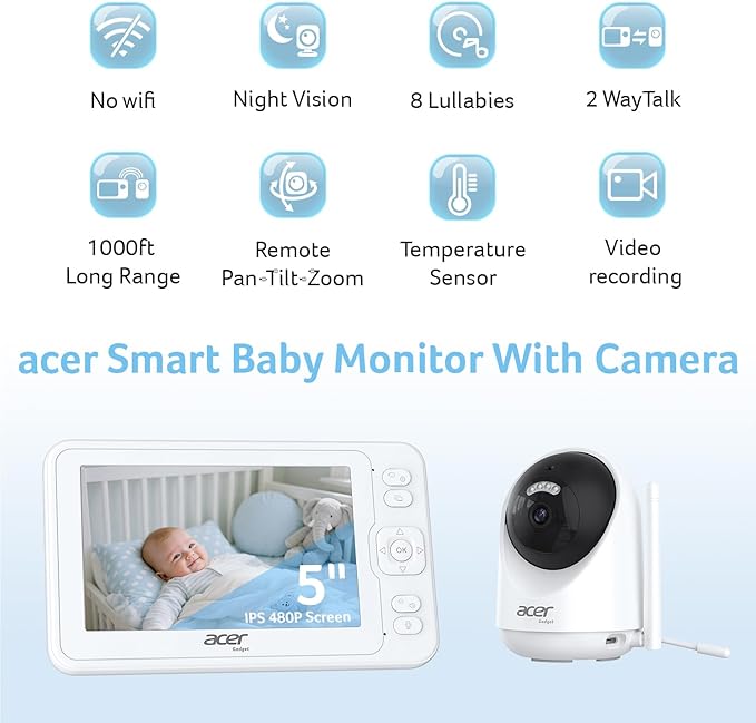 acer Smart Baby Monitor 5” No WiFi Baby Monitor with 1080P Camera and Audio for Crib 1000ft Range Remote Pan Tilt Night Vision, Temperature Sensor, 8 Lullabies, 2-Way Talk, Video Recording, VOX