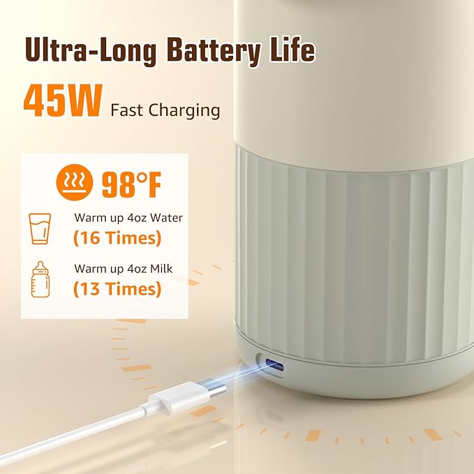 Portable Bottle Warmer for Breast Milk,Formula or Water 13oz Large Capacity,100W Power Fast Warming & Precise Temp Control Baby Milk Warmer for Travel