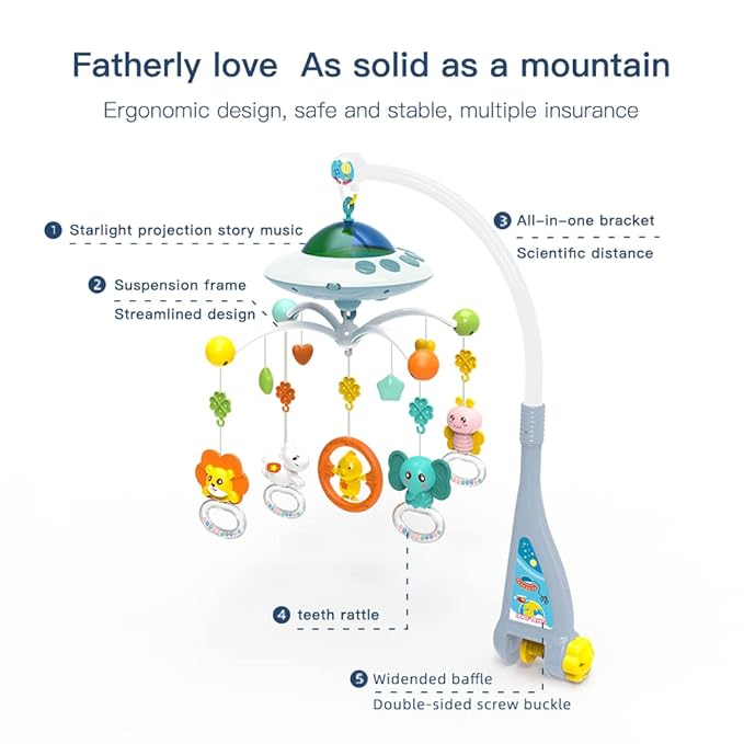 Baby Musical Crib Mobile with Night Lights and Relaxing Music,Hanging Rotating Animals Rattles,Stars Projection,Remote Control,for Boy Girl Newborn Baby Toys（Blue）