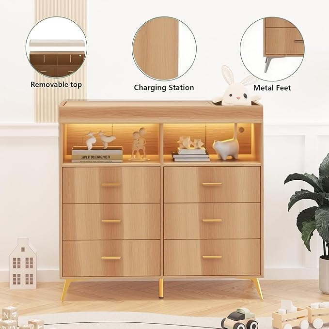 Dresser for Bedroom with 6 Drawers, Multi-Functional Nursery Dresser with LED Lights & Charging Station,Baby Changing Table Table with Diaper Changing Station