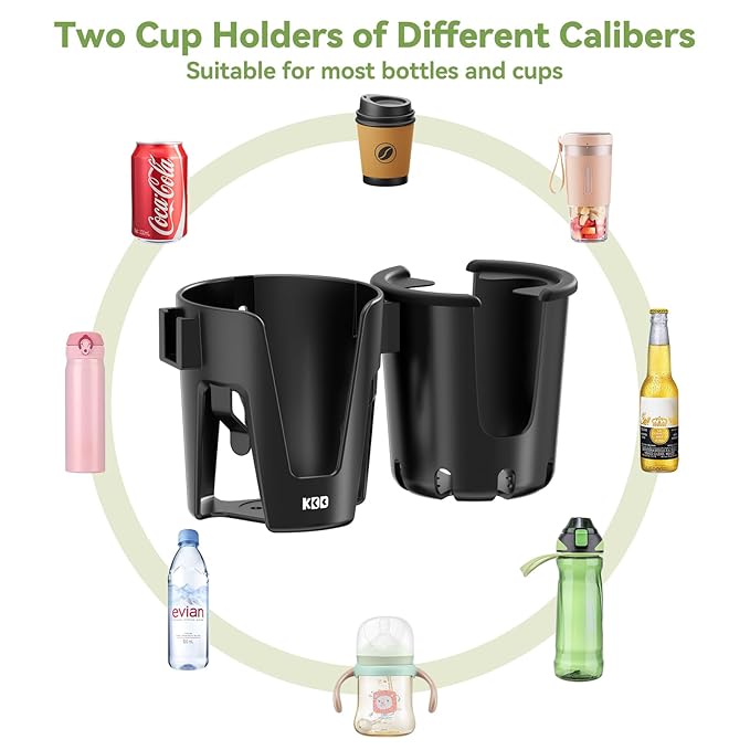 KDD Stroller Cup Holder with Phone Holder, 3-in-1 Removable Bottle Holder, 360 Degrees Rotation Drink Holder for Wheelchair, Stroller, Bike, Walker, Scooter, Bicycle, Uppababy, Bugaboo, Britax