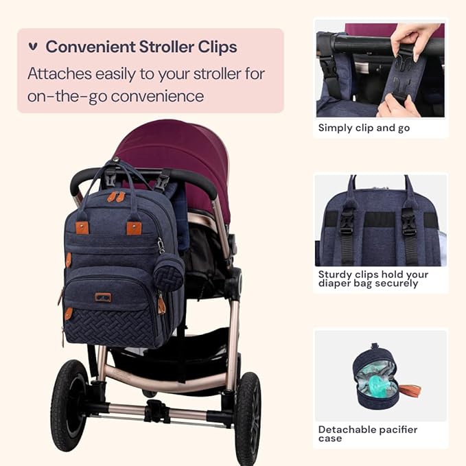 BabbleRoo Diaper Bag Backpack - Baby Essentials Travel Tote - Multi Function Waterproof Diaper Bag, Travel Essentials Baby Bag with Changing Pad, Stroller Straps & Pacifier Case - Unisex, Navy Blue